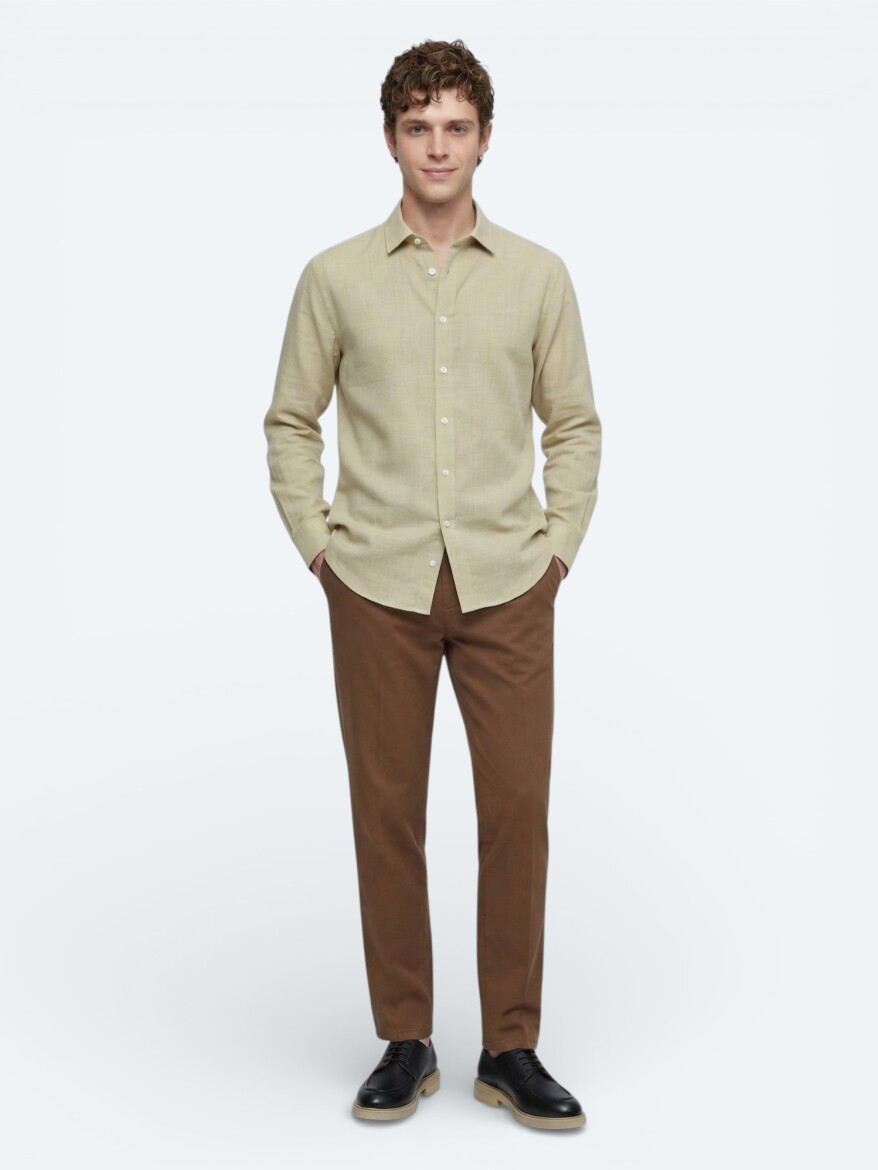 Yağ Yeşili Düz Regular Fit Dokuma Casual %100 Pamuk Gömlek - KİP