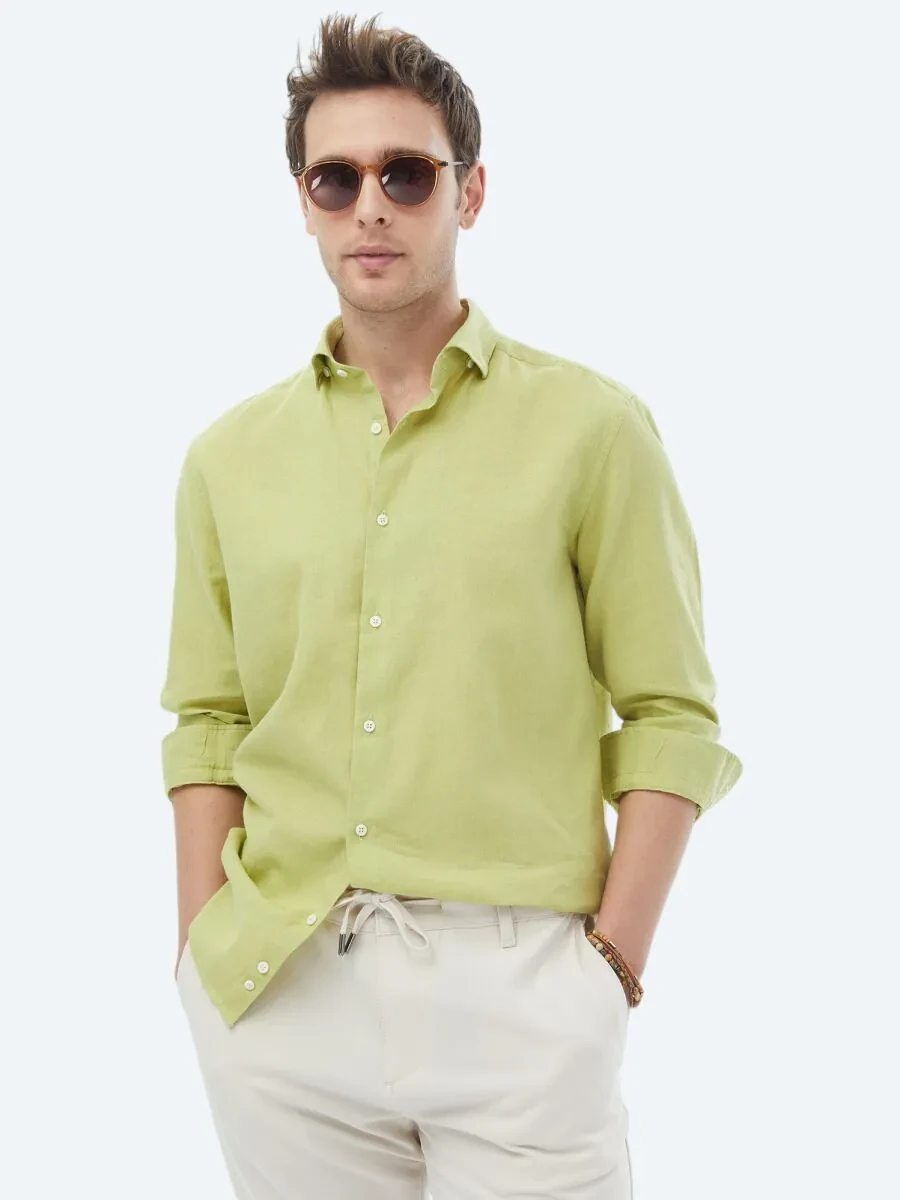 Yağ Yeşili Düz Regular Fit Dokuma Casual Pamuk Karışımlı Gömlek - 4