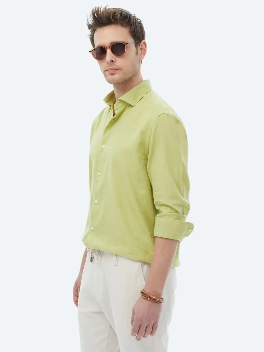 Yağ Yeşili Düz Regular Fit Dokuma Casual Pamuk Karışımlı Gömlek - 7