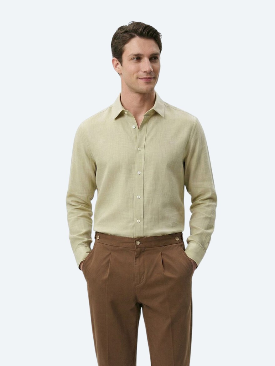 Yağ Yeşili Düz Regular Fit Uzun Dokuma Casual %100 Pamuk Gömlek 