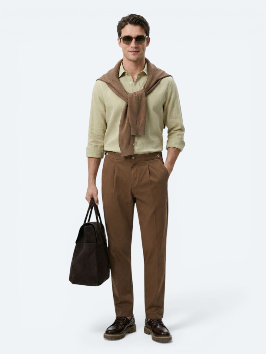 Yağ Yeşili Düz Regular Fit Uzun Dokuma Casual %100 Pamuk Gömlek - 2