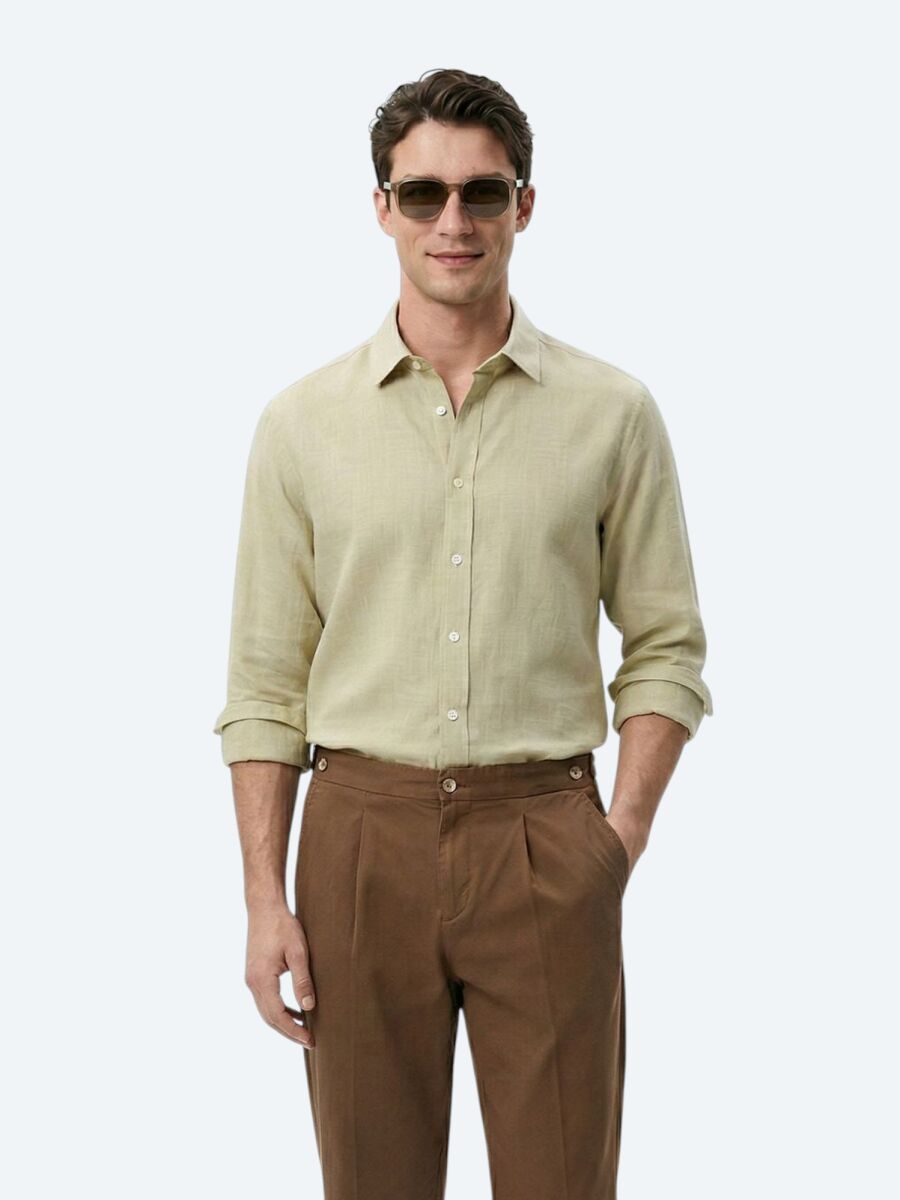 Yağ Yeşili Düz Regular Fit Uzun Dokuma Casual %100 Pamuk Gömlek - 3