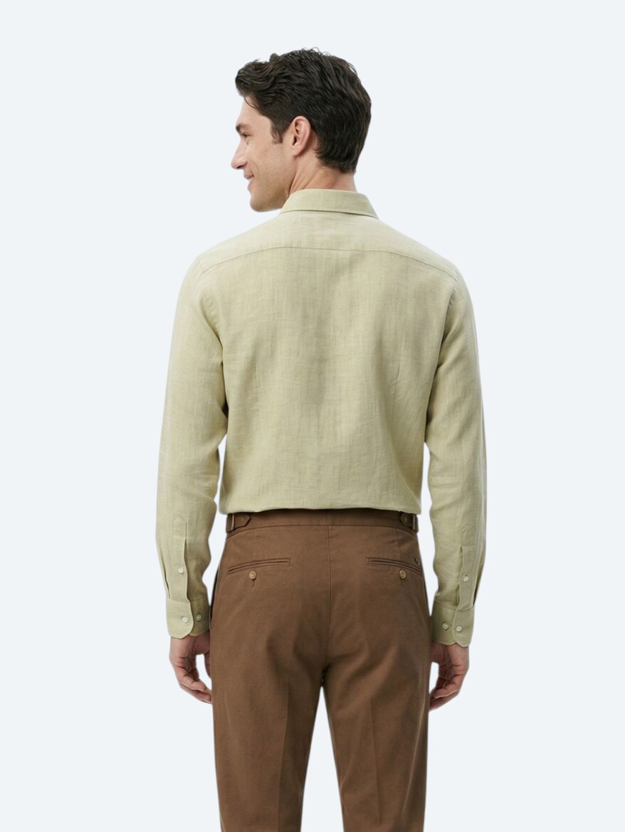Yağ Yeşili Düz Regular Fit Uzun Dokuma Casual %100 Pamuk Gömlek - 4