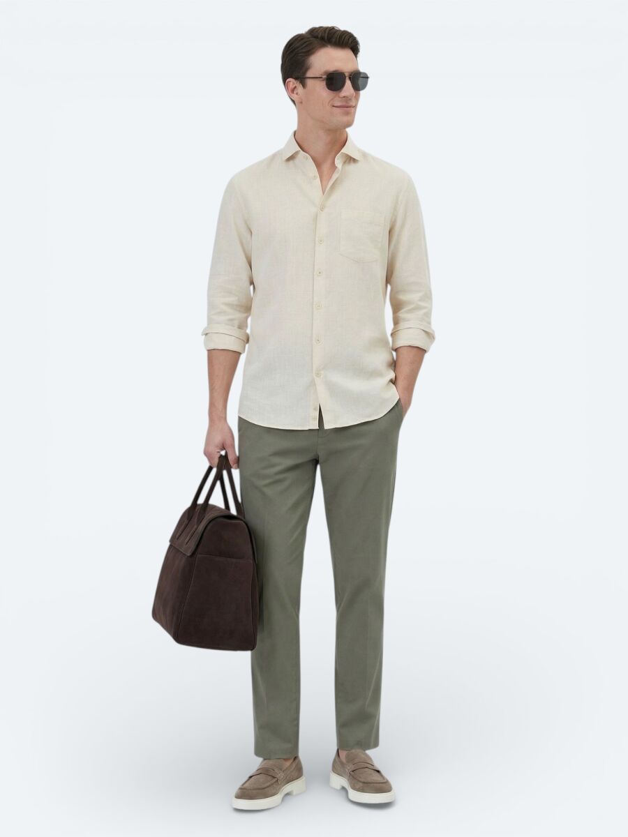 Yellow Plain Regular Fit Long Weaving Casual Cotton Blended Shirt - 3