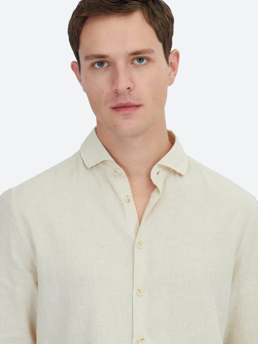 Yellow Plain Regular Fit Weaving Casual Cotton Blended Shirt - 3