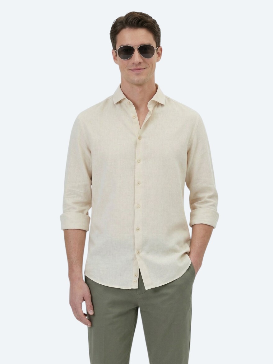 Yellow Plain Regular Fit Weaving Casual Cotton Blended Shirt 