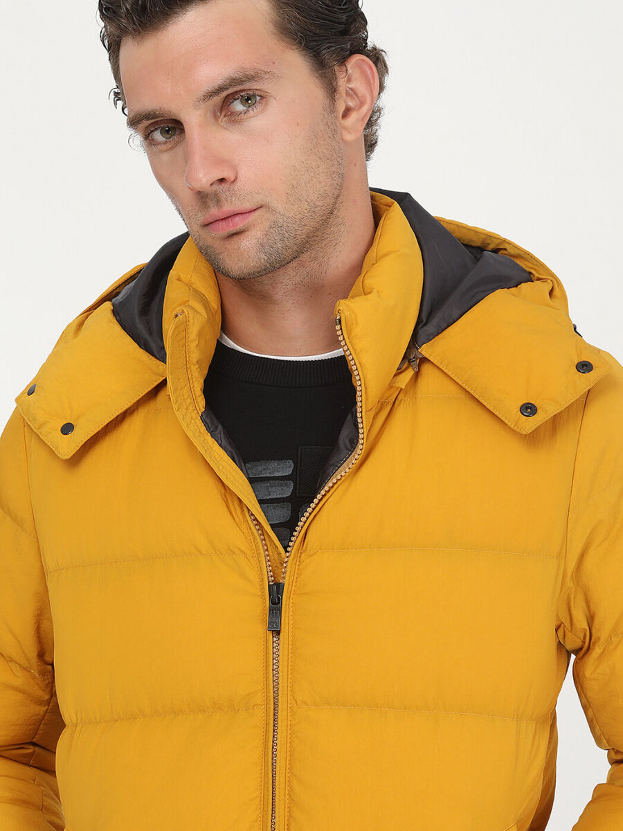 Yellow Regular Fit Hooded Casual Weaving Coat - 3