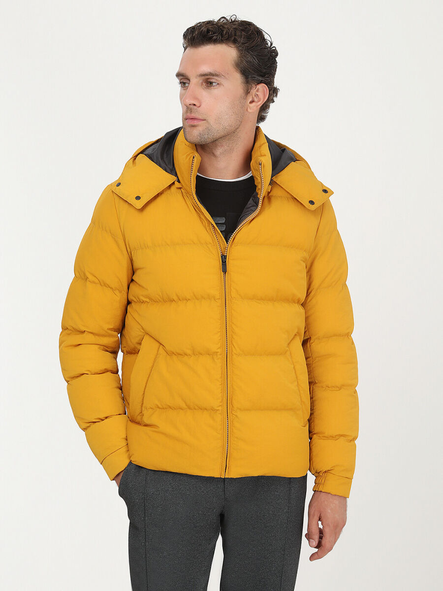 Yellow Regular Fit Hooded Casual Weaving Coat - 4