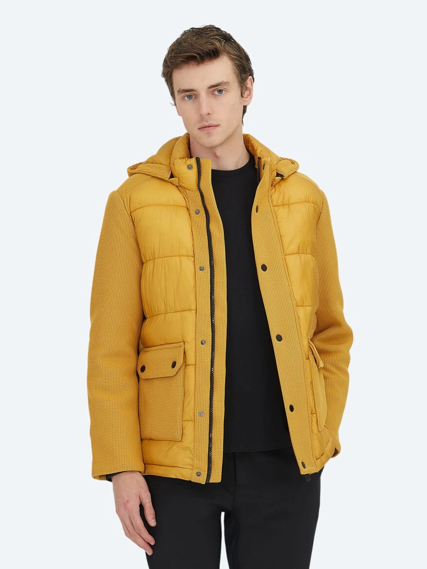 Yellow Regular Fit Hooded Casual Weaving Coat - 3