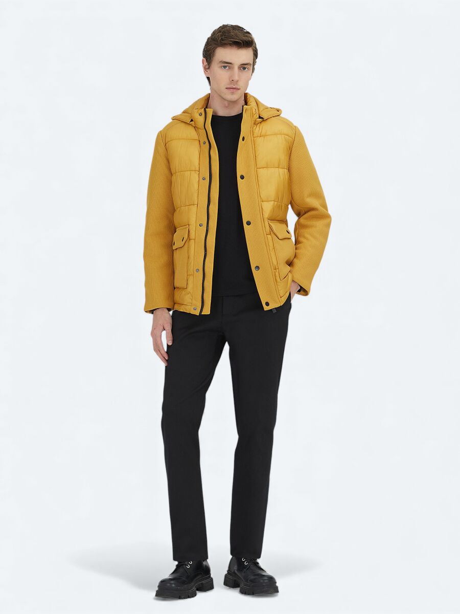 Yellow Regular Fit Hooded Casual Weaving Coat - 2