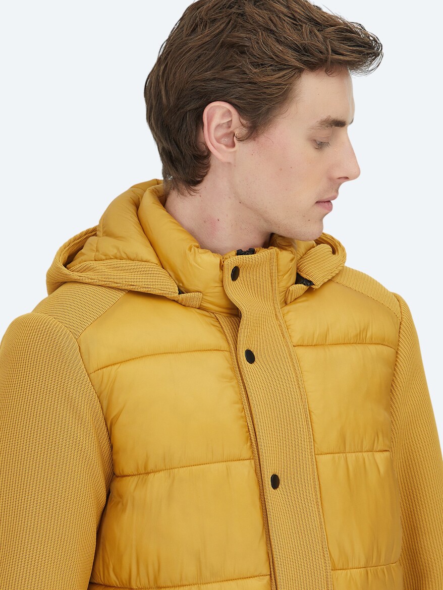 Yellow Regular Fit Hooded Casual Weaving Coat - 5