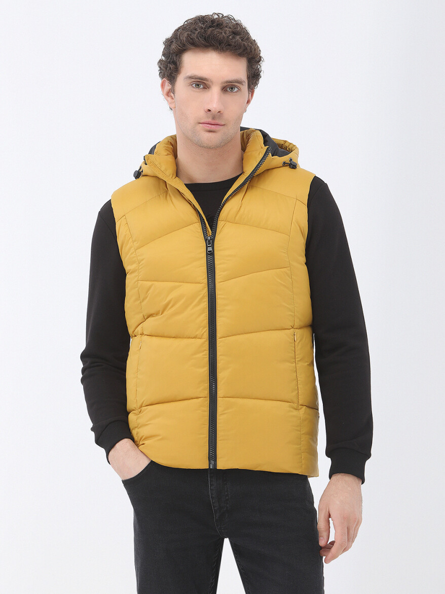 Yellow Regular Fit Hooded Casual Weaving Puffer Vest - 1