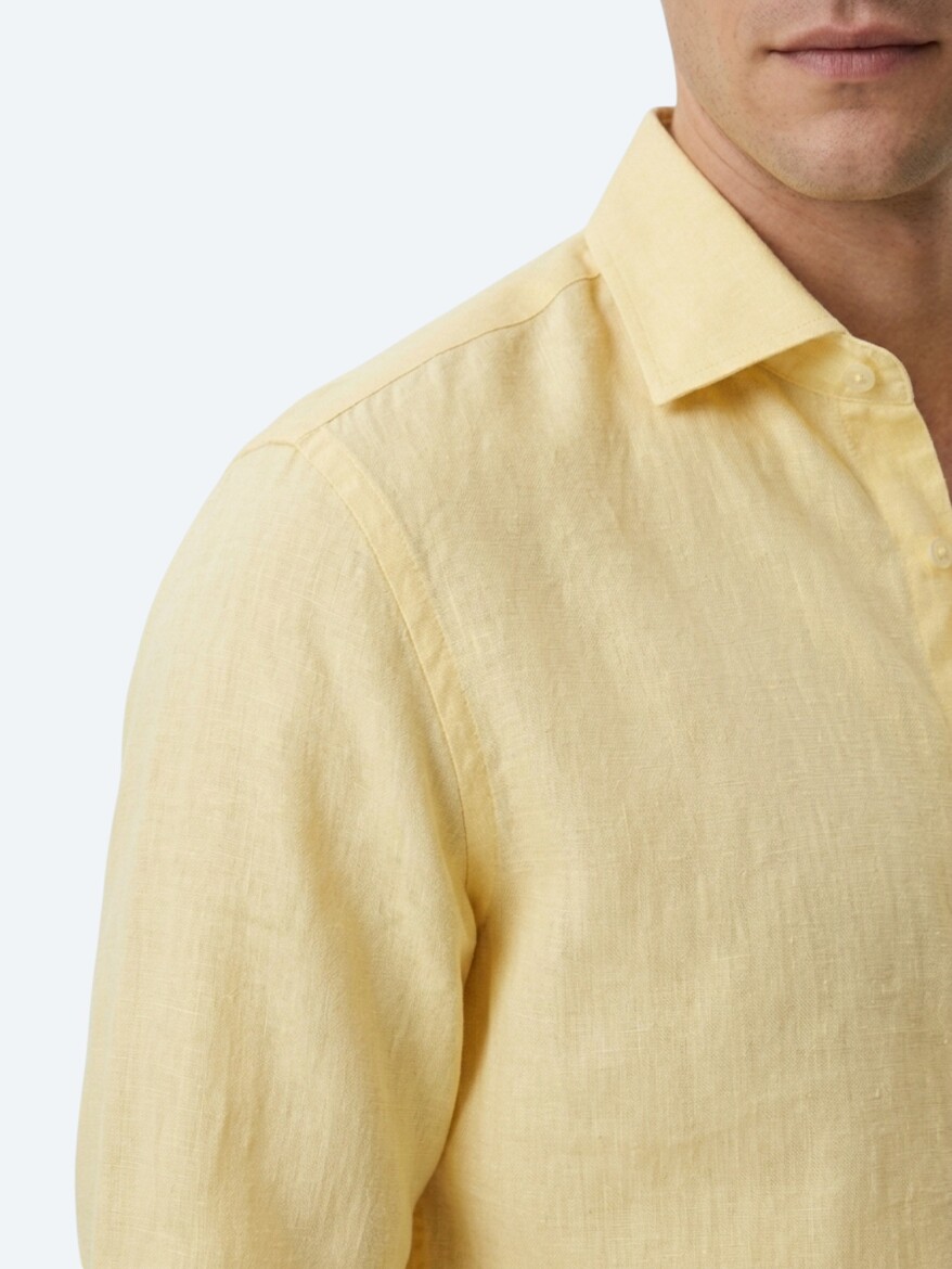 Yellow Regular Fit Long Weaving Casual Cotton Blended Shirt - 3