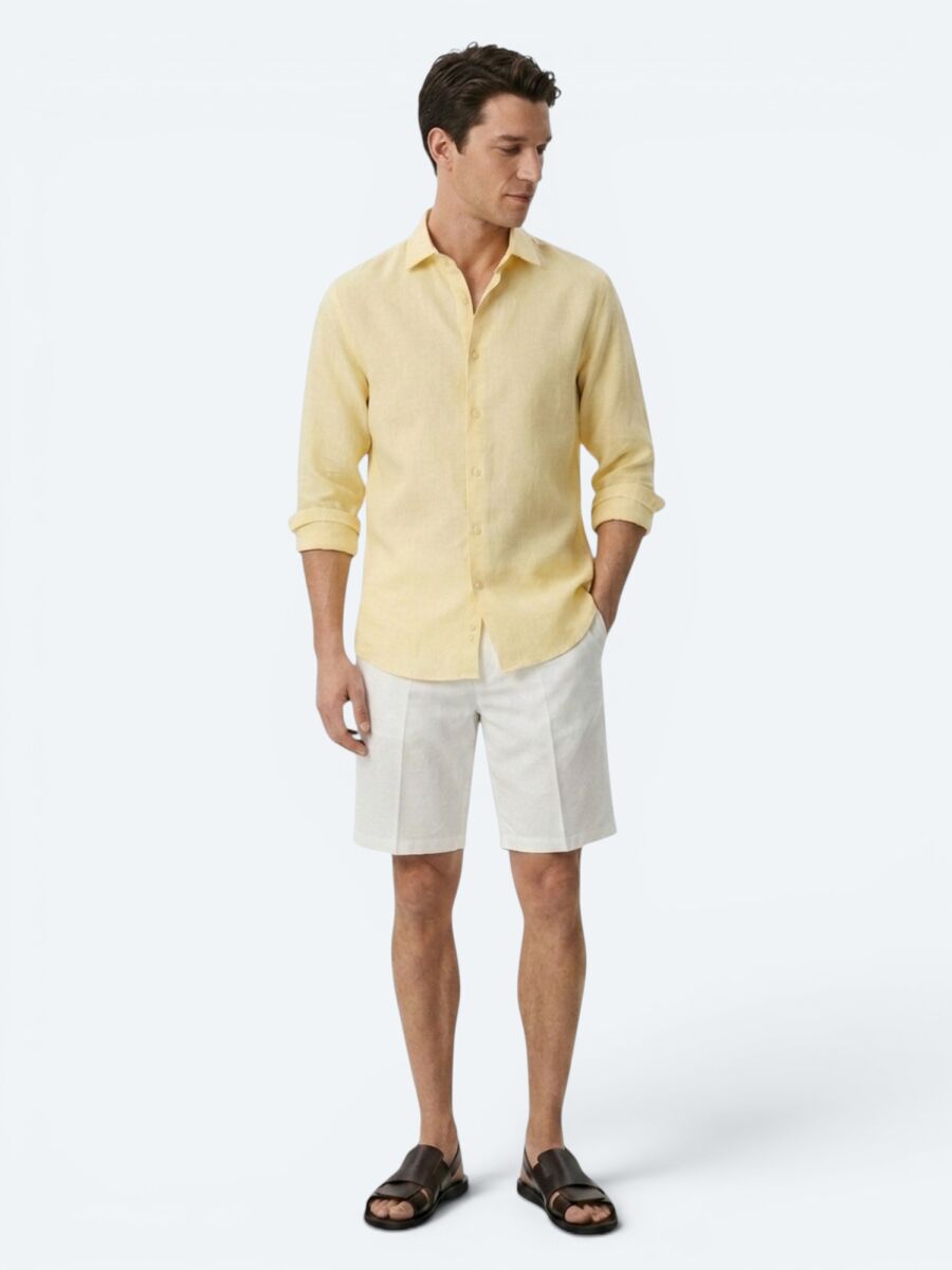 Yellow Regular Fit Long Weaving Casual Cotton Blended Shirt - 4