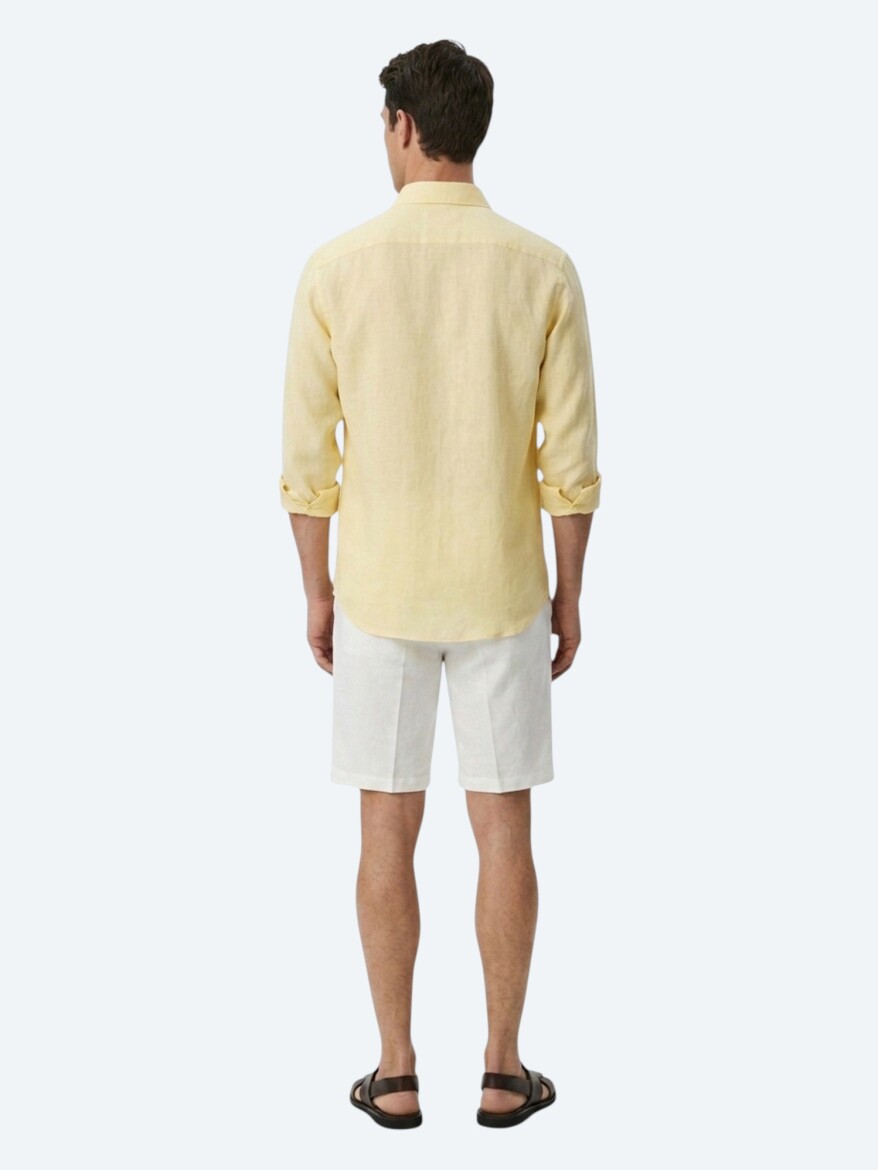 Yellow Regular Fit Long Weaving Casual Cotton Blended Shirt - 5