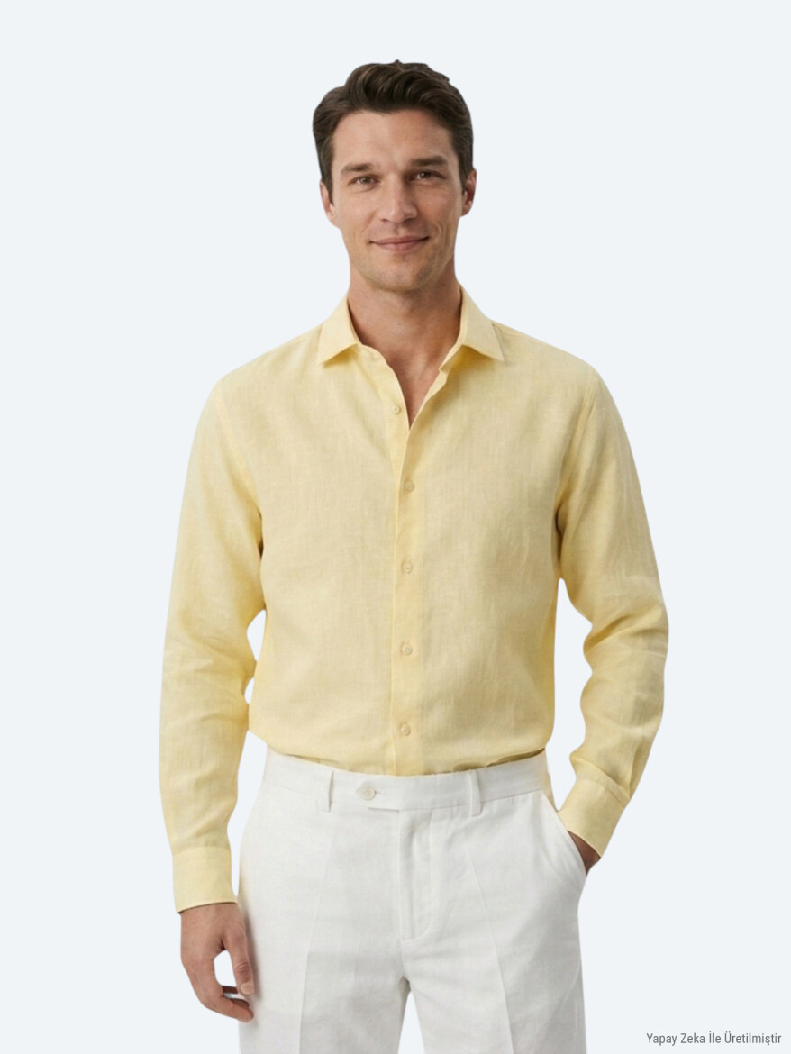 Yellow Regular Fit Long Weaving Casual Cotton Blended Shirt - KİP