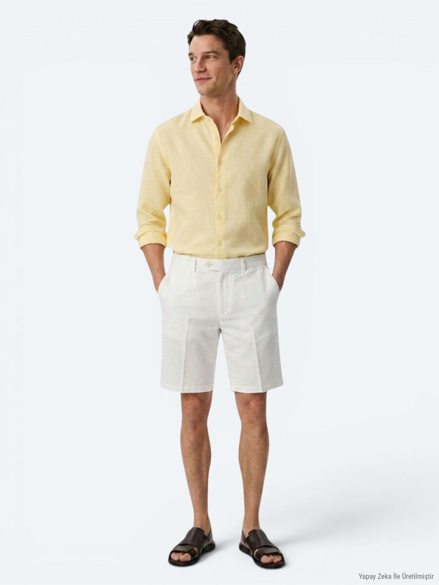 Yellow Regular Fit Long Weaving Casual Cotton Blended Shirt - 2