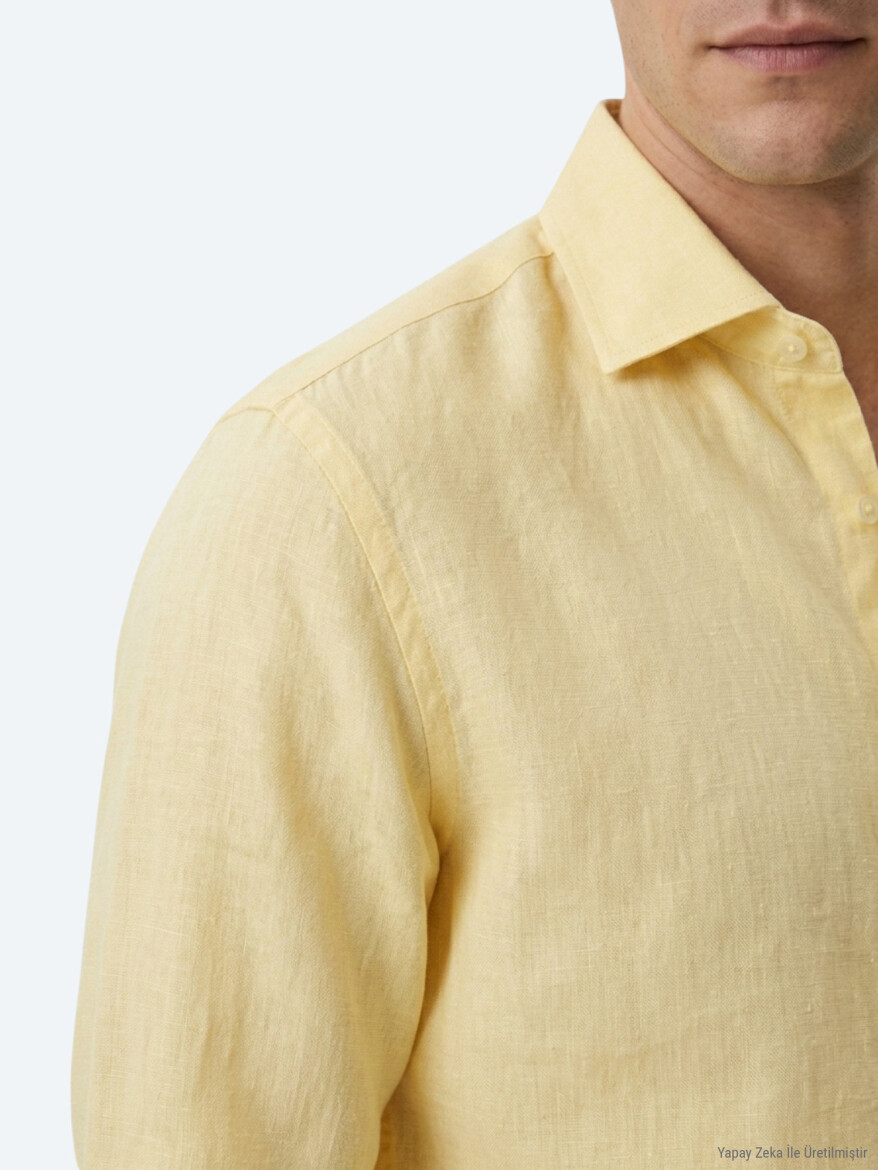 Yellow Regular Fit Long Weaving Casual Cotton Blended Shirt - 3