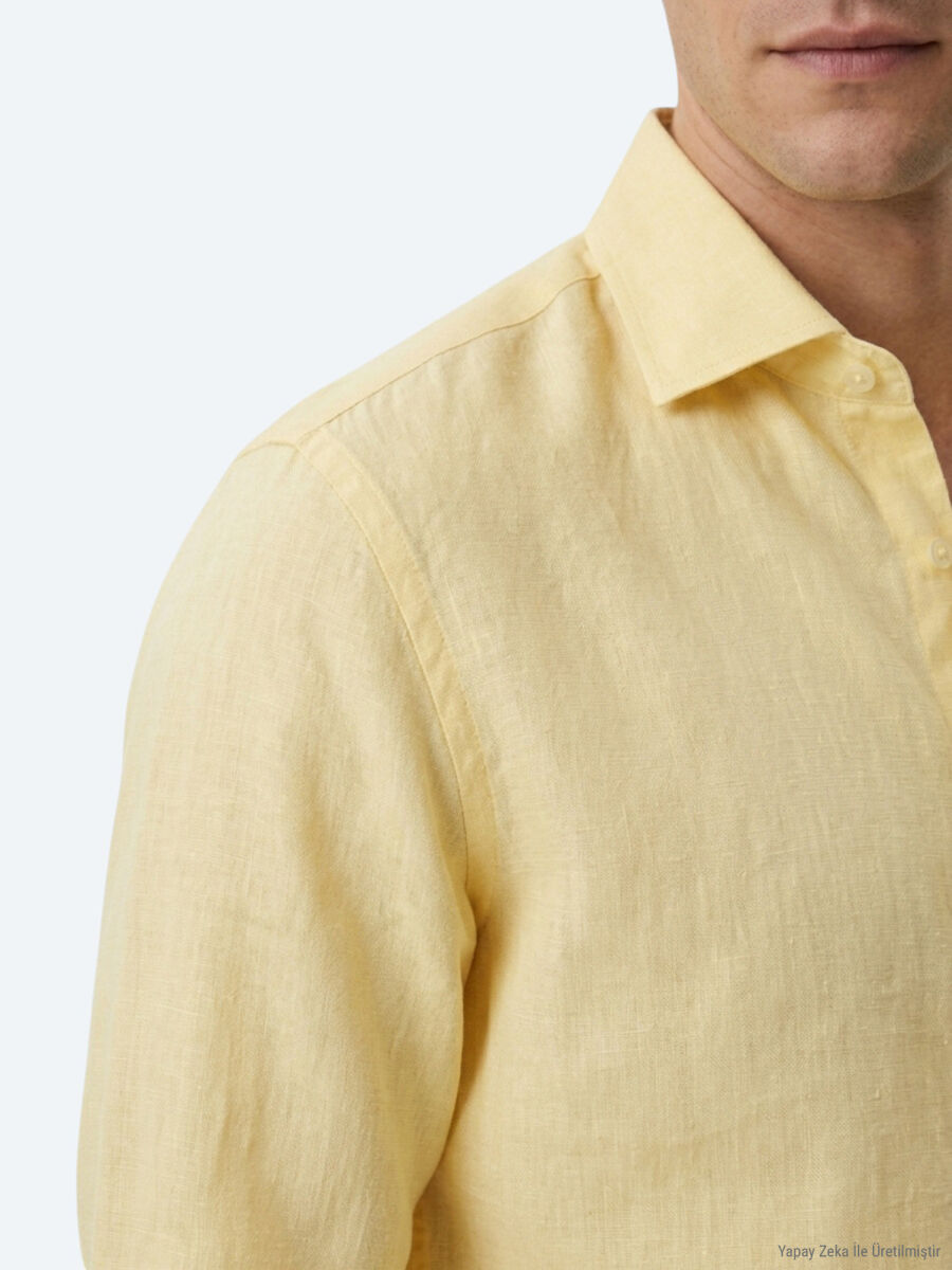 Yellow Regular Fit Long Weaving Casual Cotton Blended Shirt - 3