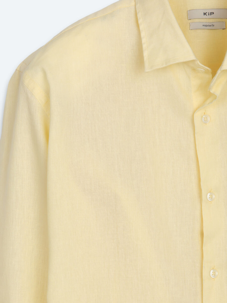 Yellow Regular Fit Long Weaving Casual Cotton Blended Shirt - 7