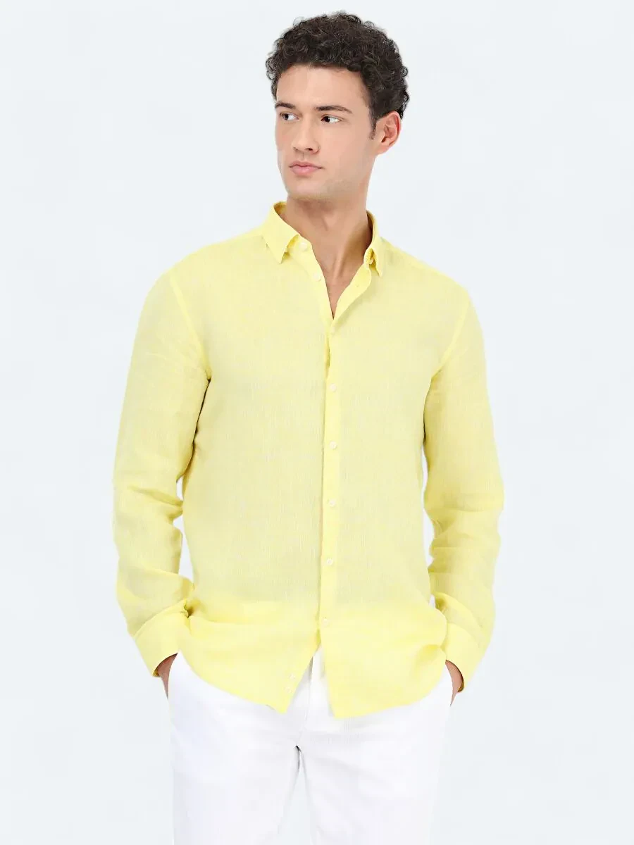 Yellow Regular Fit Weaving Casual 100% Linen Shirt - 1