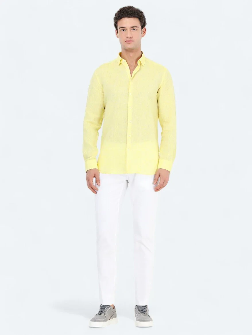 Yellow Regular Fit Weaving Casual 100% Linen Shirt - 2