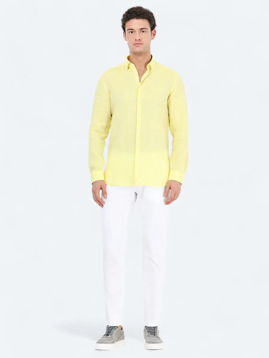 Yellow Regular Fit Weaving Casual 100% Linen Shirt - 2