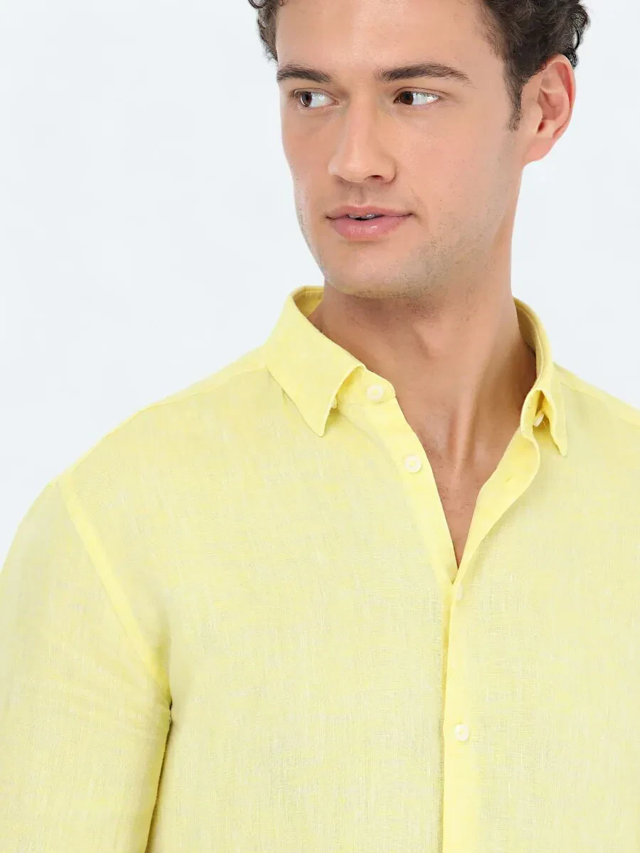 Yellow Regular Fit Weaving Casual 100% Linen Shirt - 3