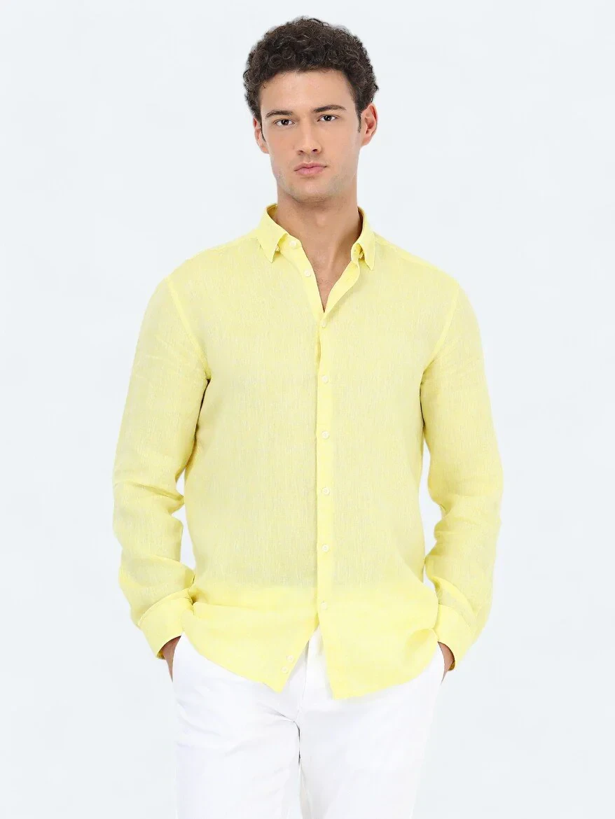 Yellow Regular Fit Weaving Casual 100% Linen Shirt - 4