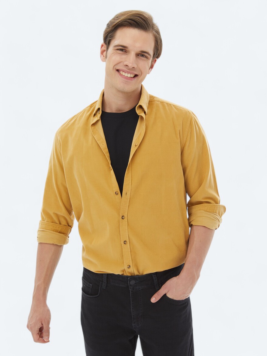 Yellow Ribbed Regular Fit Long Weaving Casual 100% Cotton Shirt 