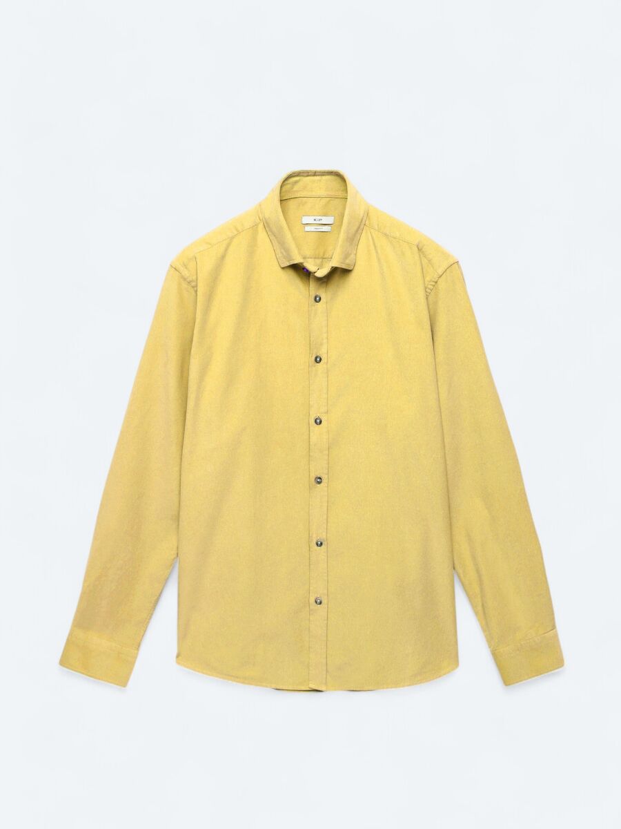 Yellow Ribbed Regular Fit Long Weaving Casual 100% Cotton Shirt - 7