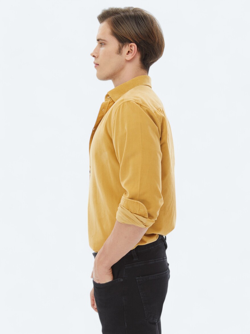 Yellow Ribbed Regular Fit Weaving Casual 100% Cotton Shirt - 3