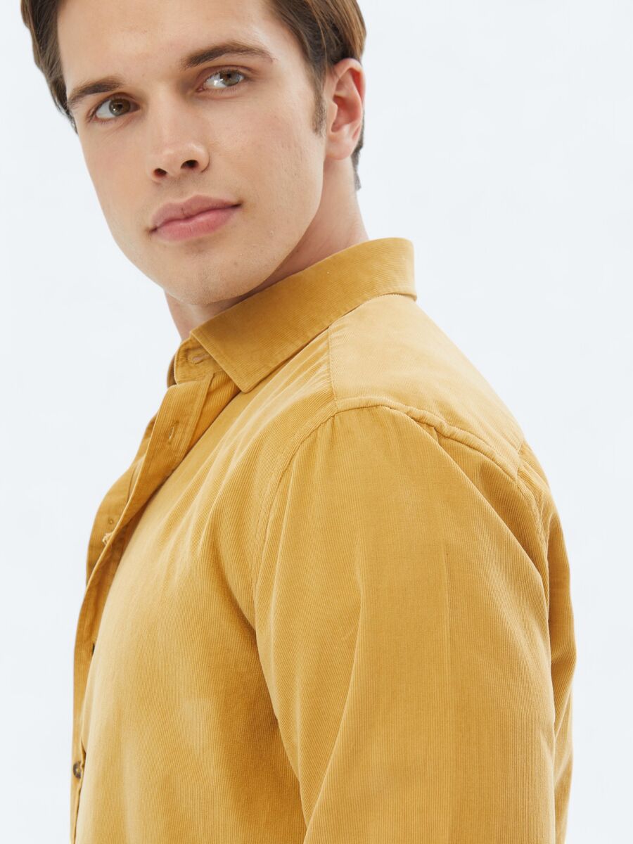 Yellow Ribbed Regular Fit Weaving Casual 100% Cotton Shirt - 4
