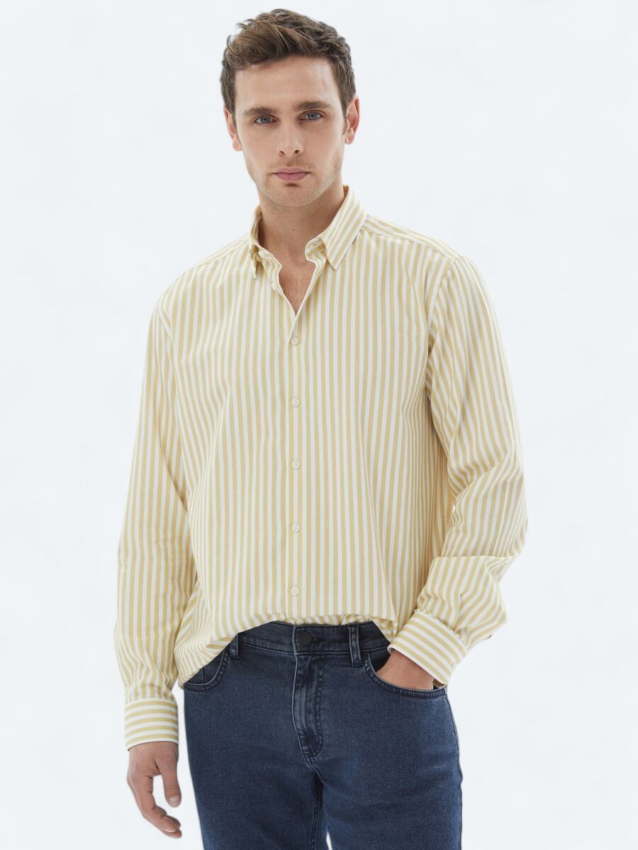 Yellow Striped Regular Fit Long Weaving Casual 100% Cotton Shirt - 1