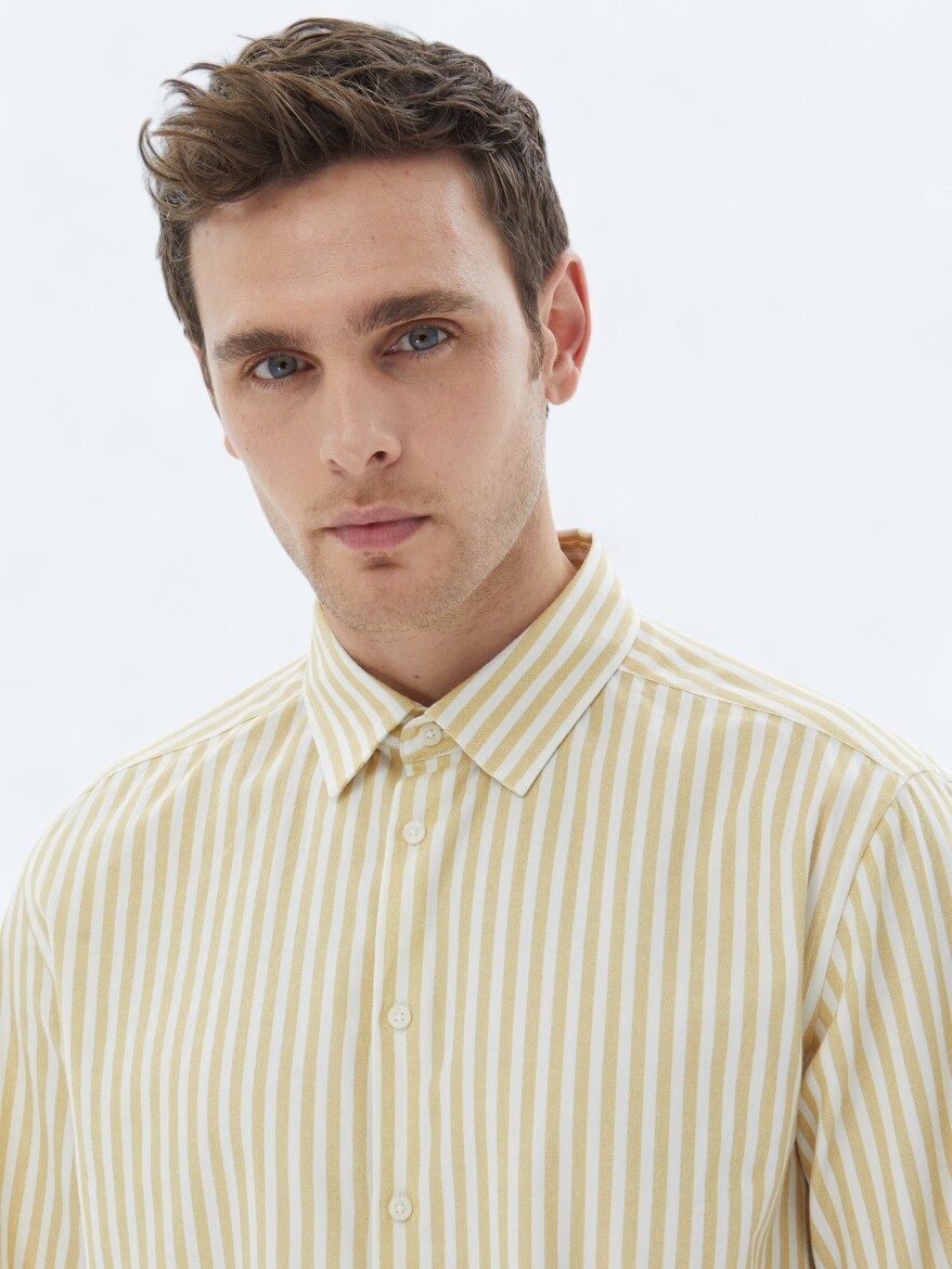 Yellow Striped Regular Fit Long Weaving Casual 100% Cotton Shirt - 4