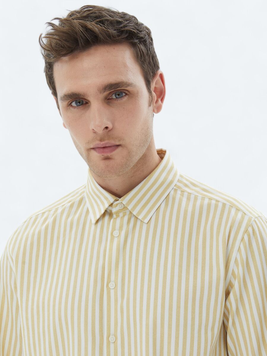 Yellow Striped Regular Fit Long Weaving Casual 100% Cotton Shirt - 4