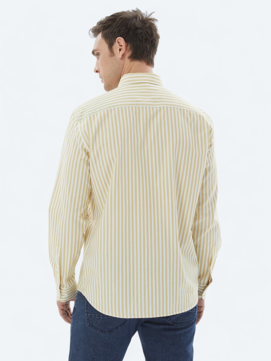 Yellow Striped Regular Fit Long Weaving Casual 100% Cotton Shirt - 6