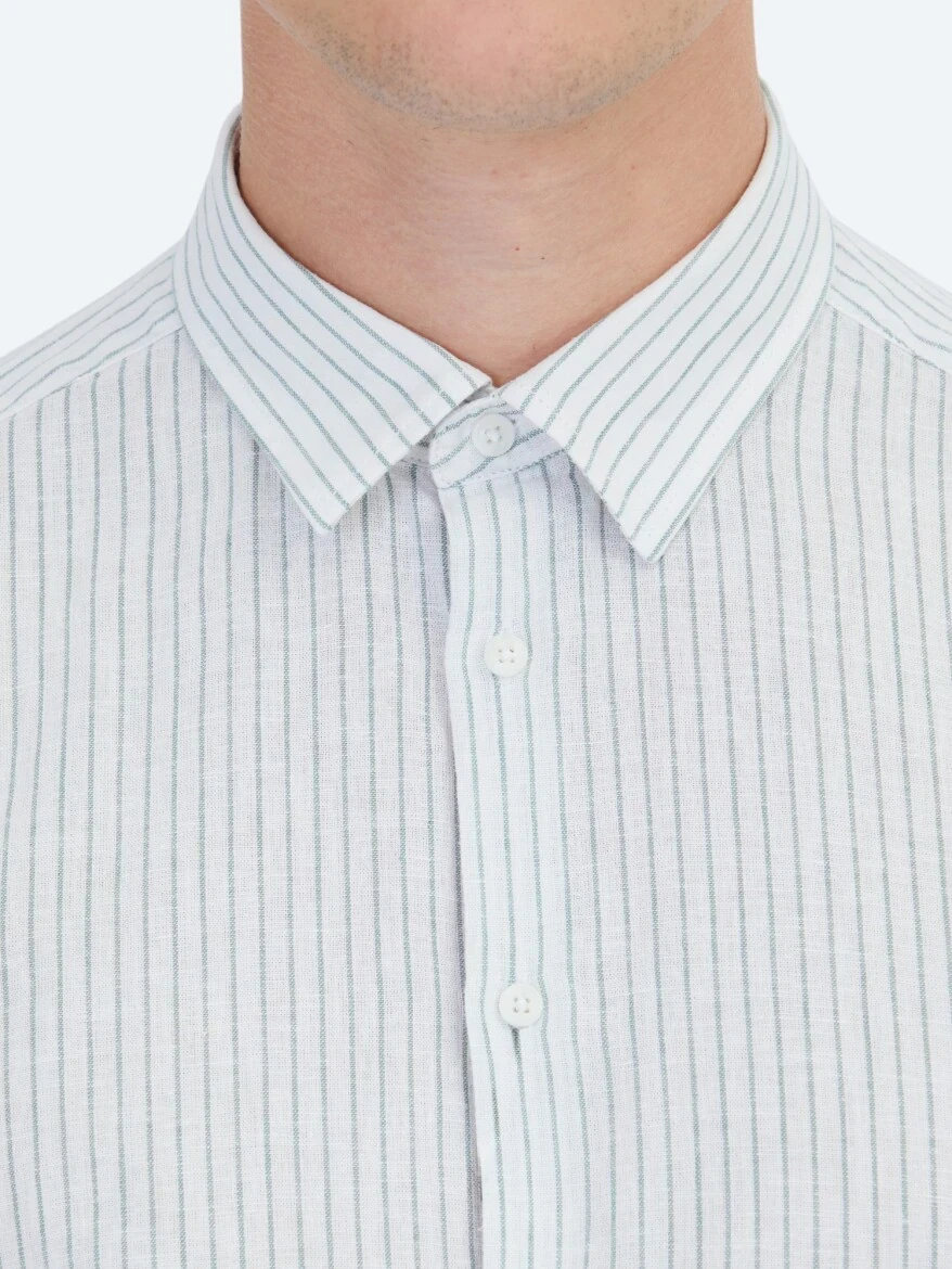 Yeşil Çizgili Regular Fit Dokuma Casual Pamuk Karışımlı Gömlek - 4