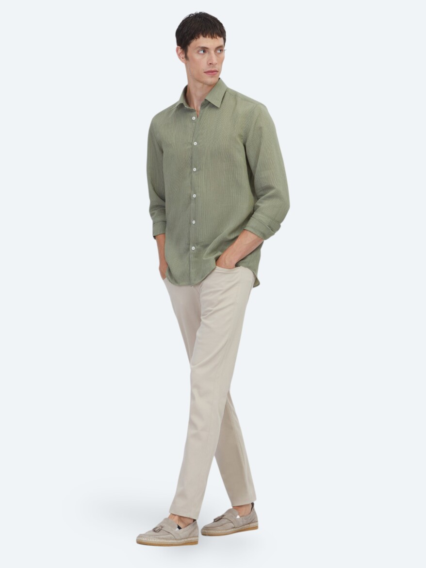 Yeşil Çizgili Regular Fit Uzun Dokuma Casual Gömlek - 2