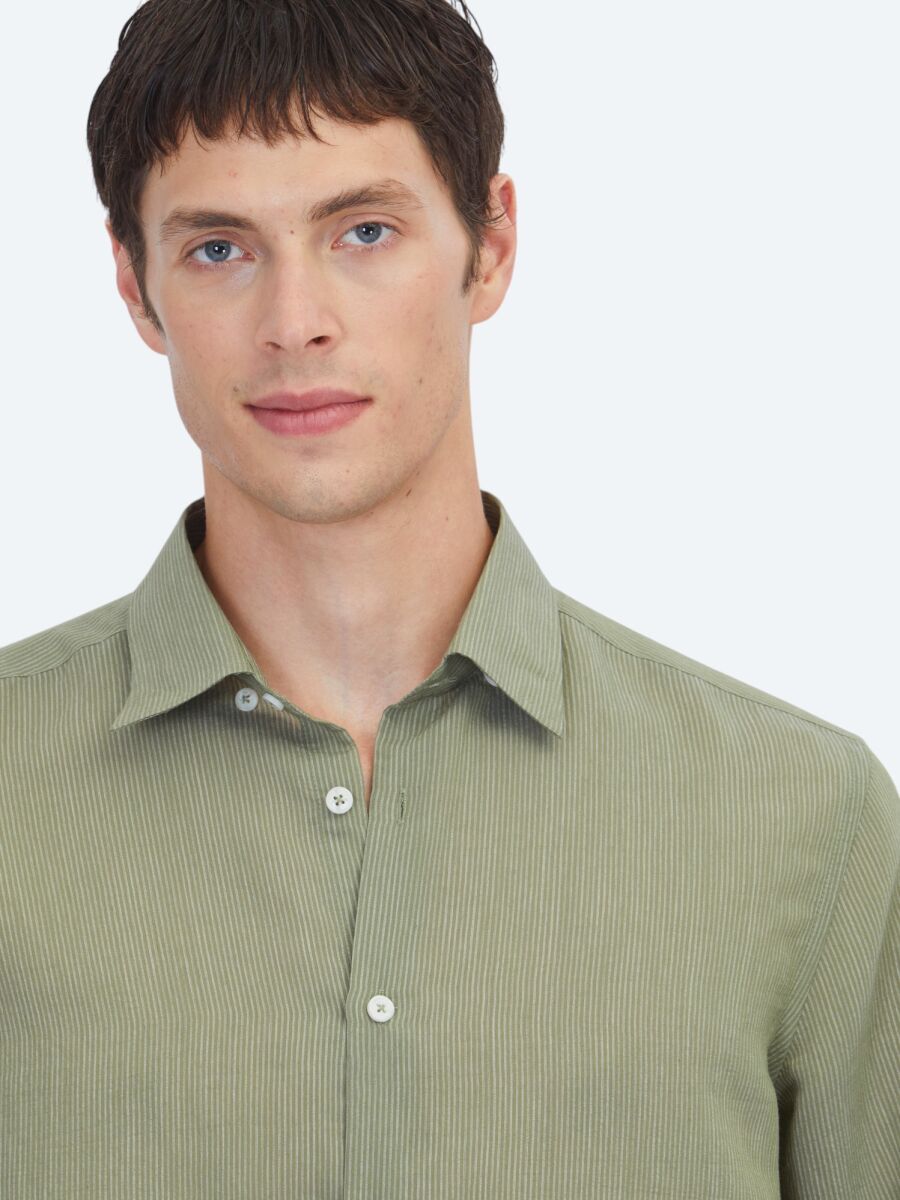 Yeşil Çizgili Regular Fit Uzun Dokuma Casual Gömlek - 3