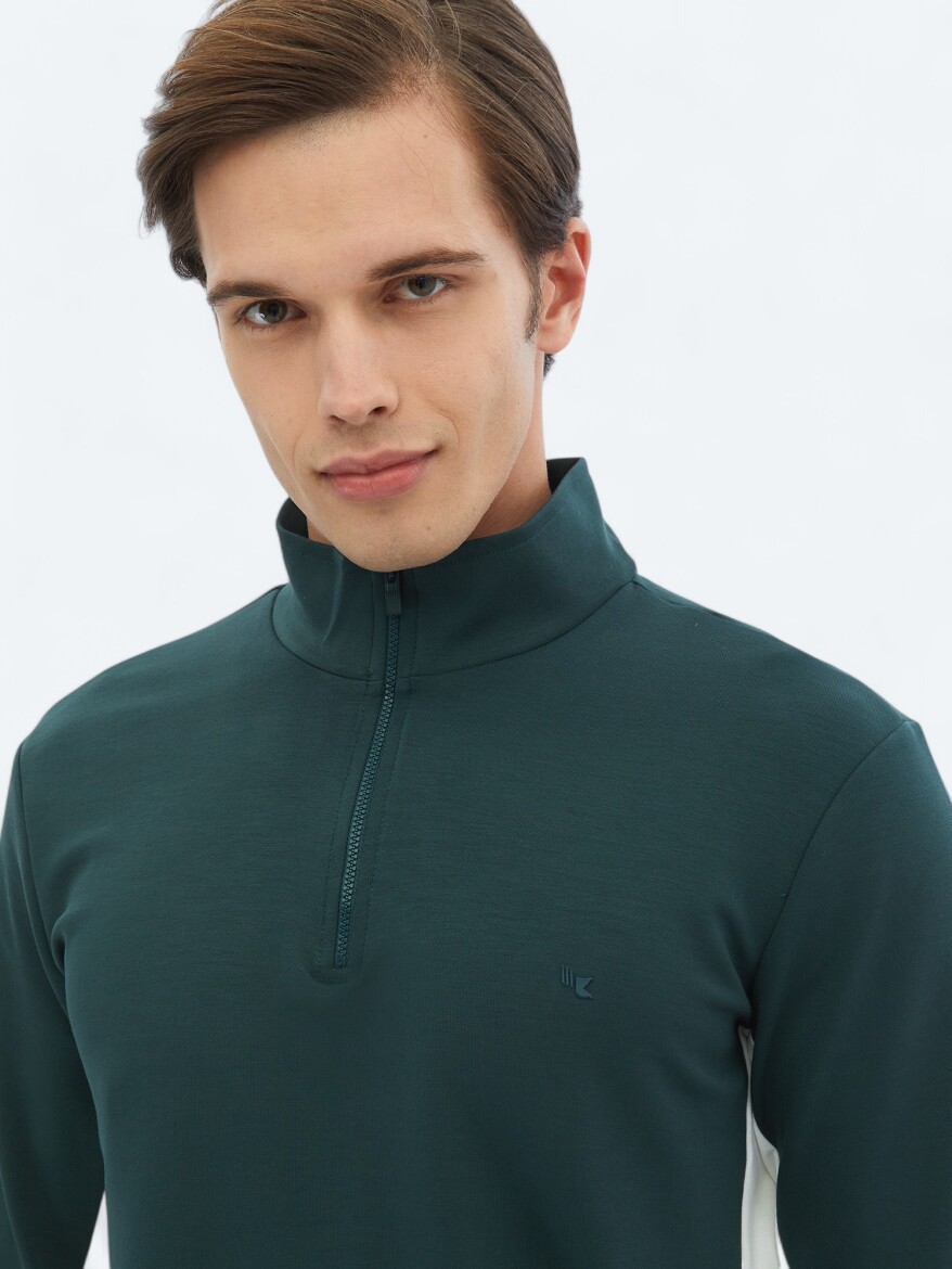 Yeşil Dik Yaka Düz Sweatshırt - 4