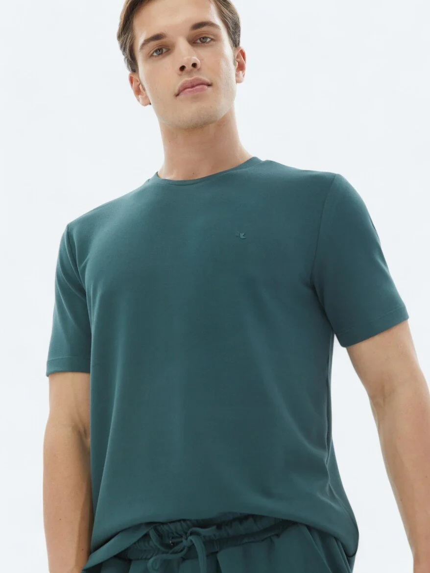 Yeşil Düz Bisiklet Yaka T-Shirt 
