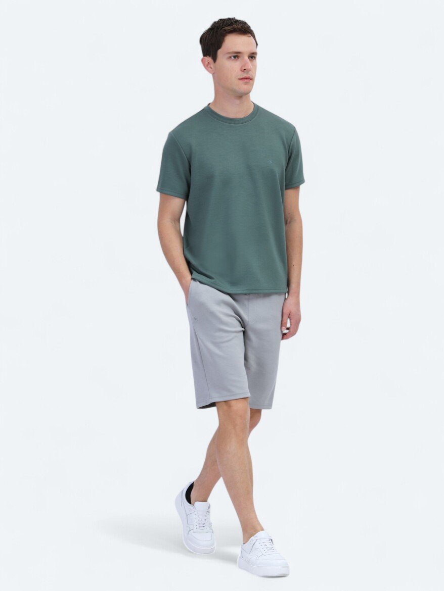 Yeşil Düz Bisiklet Yaka T-Shirt - 3