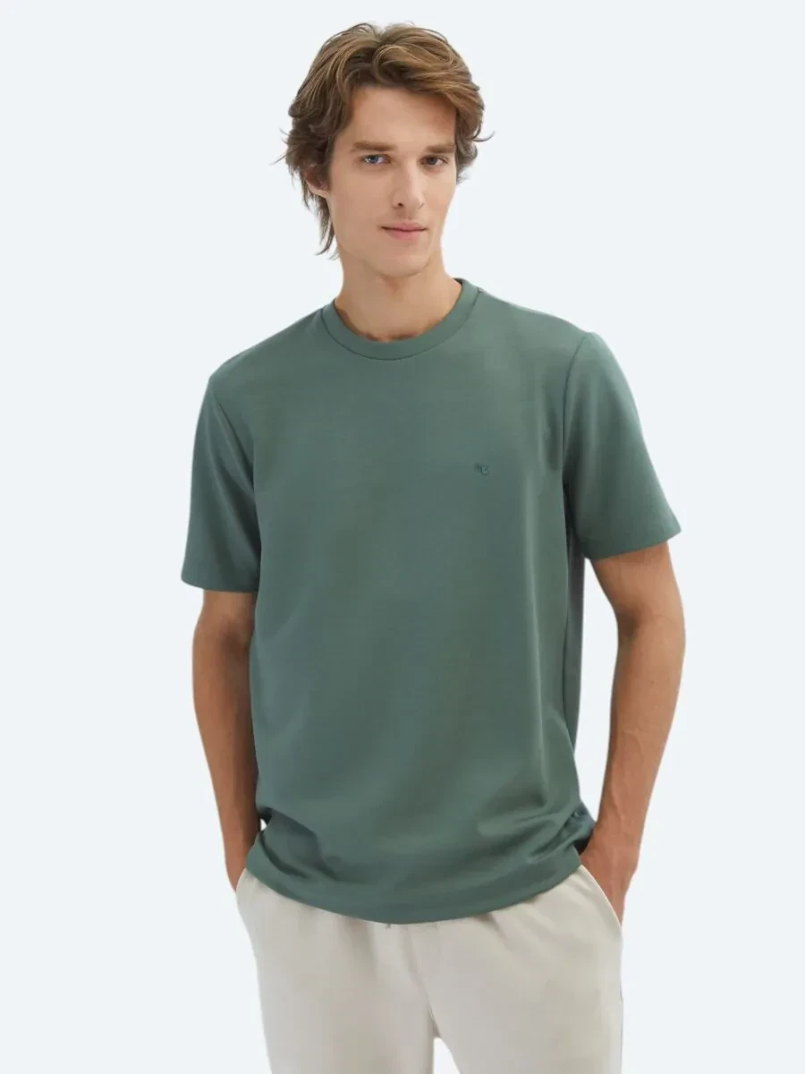 Yeşil Düz Bisiklet Yaka T-Shirt - 1