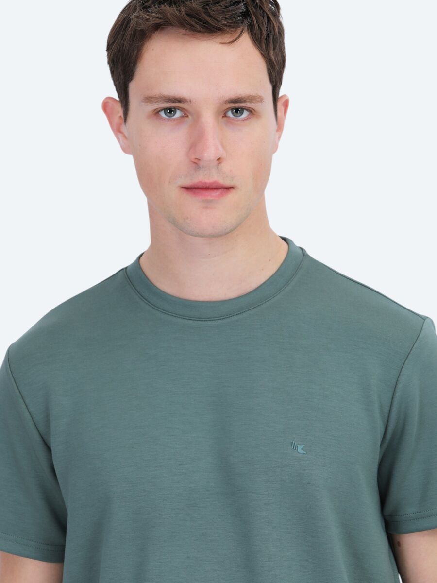 Yeşil Düz Bisiklet Yaka T-Shirt - 4