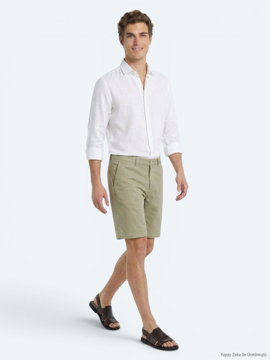Yeşil Düz Kumaş Jogging Fit Casual Bermuda - 3