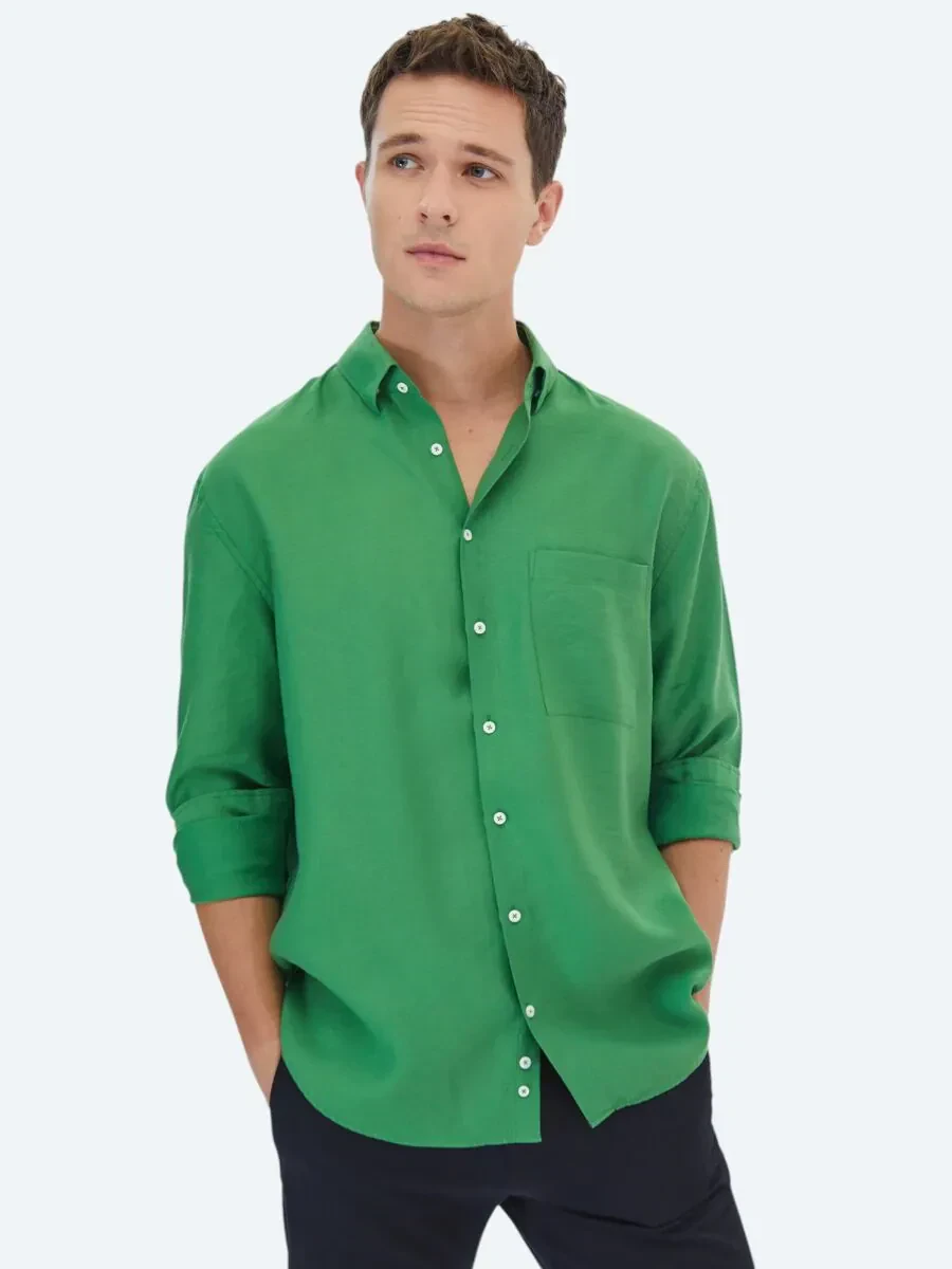 Yeşil Düz Oversize Fit Dokuma Casual Gömlek - 1