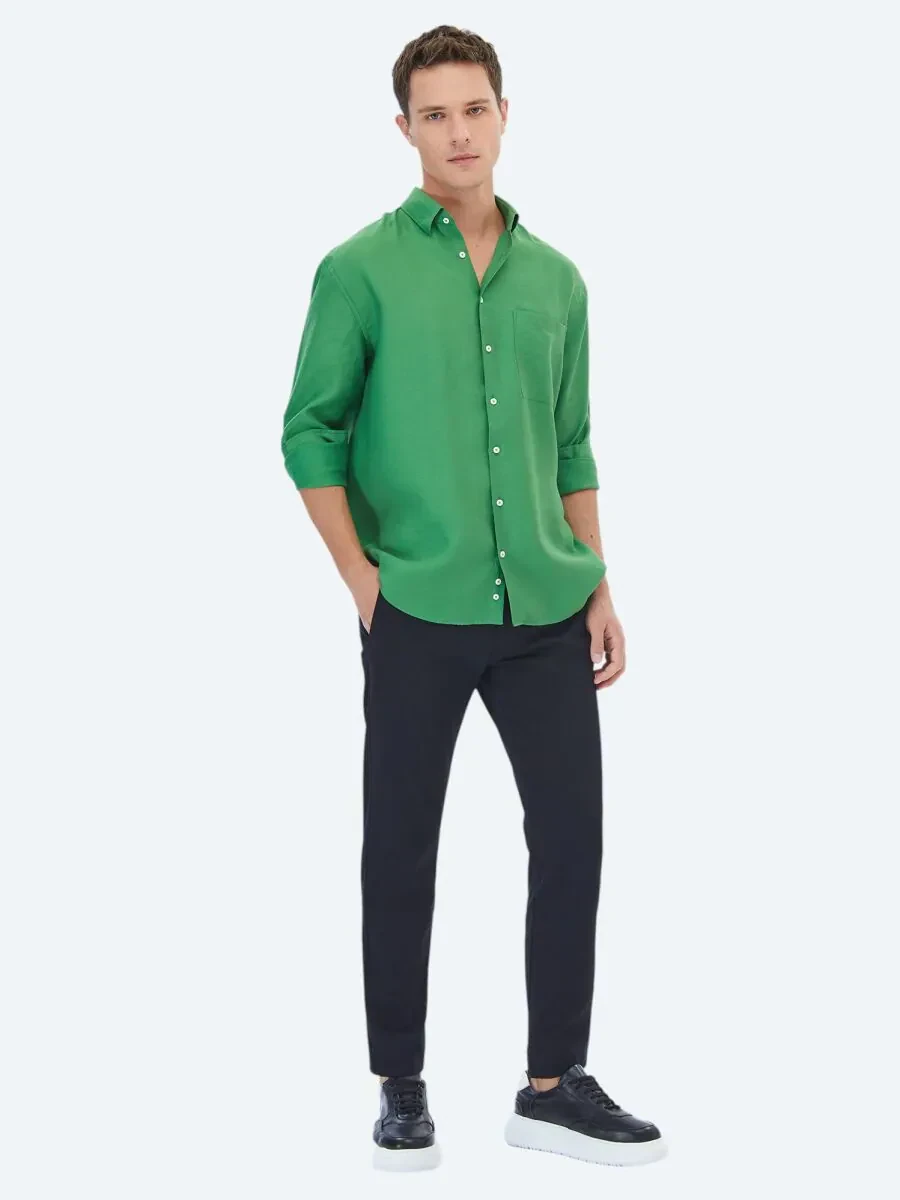 Yeşil Düz Oversize Fit Dokuma Casual Gömlek - 2