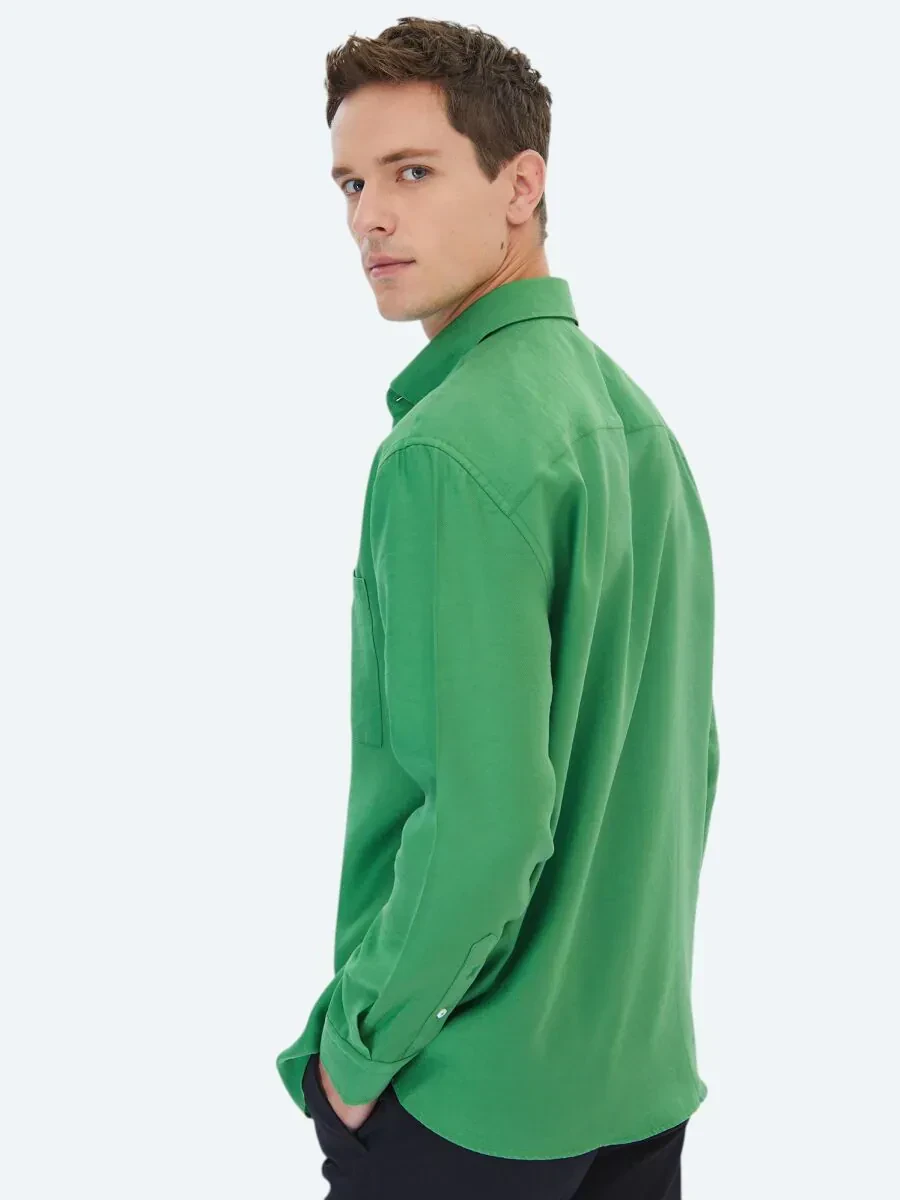 Yeşil Düz Oversize Fit Dokuma Casual Gömlek - 4