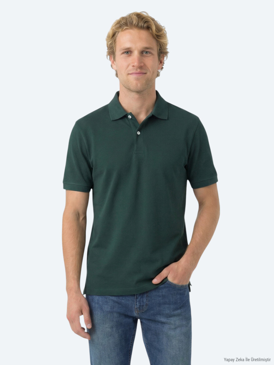 Yeşil Düz Polo Yaka Pamuk Karışımlı T-Shirt - 1